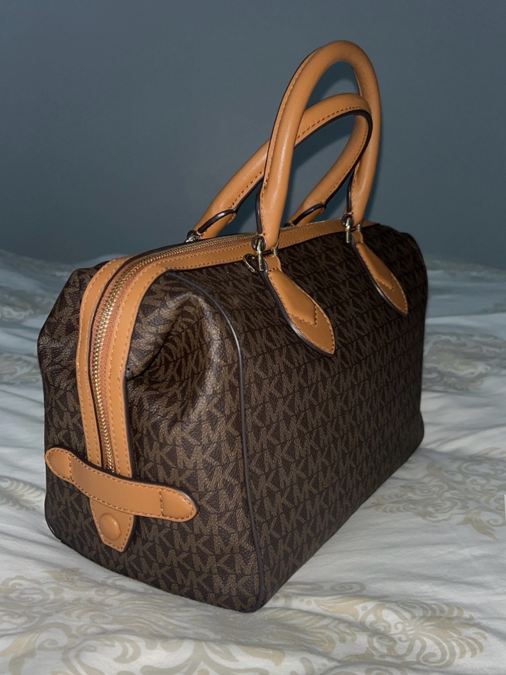 Michael Kors Brown Monogram Satchel with Tan Handles - Picture 11 of 12